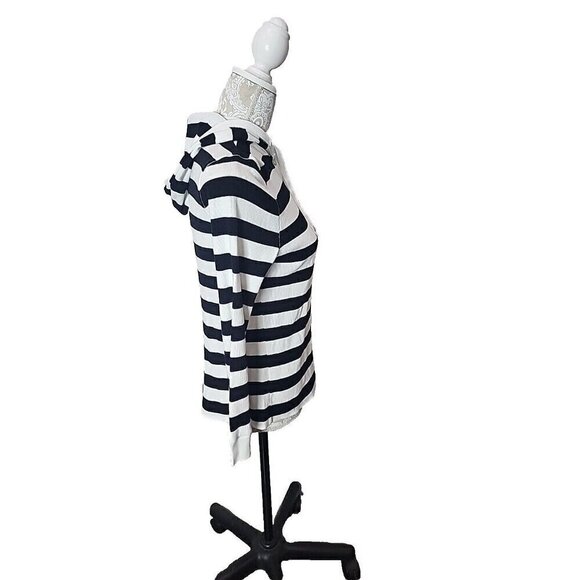 Lauren Ralph Lauren Cotton Hoodie White Black Striped Snaps Pullover Women's PM - Picture 5 of 8